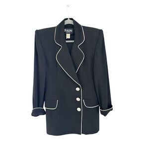 Vintage Solini Women's Padded Shoulder Rhinestone Trim Blazer Black Size 4